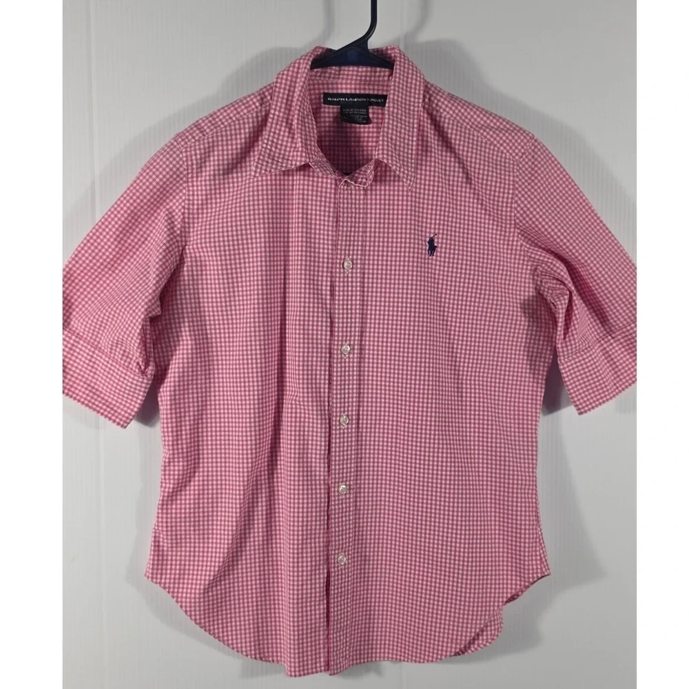 Ralph Lauren Girls Sport Kids Pink Gingham Short Sleeve Button Down Shirt Size14